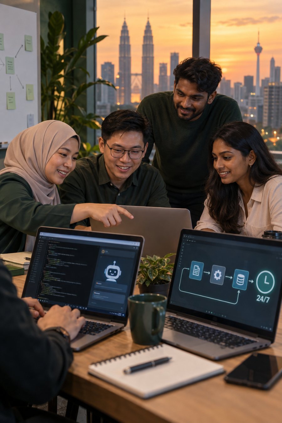 A Malaysian corporate team building an autonomous AI agent on their laptops during a hands-on workshop