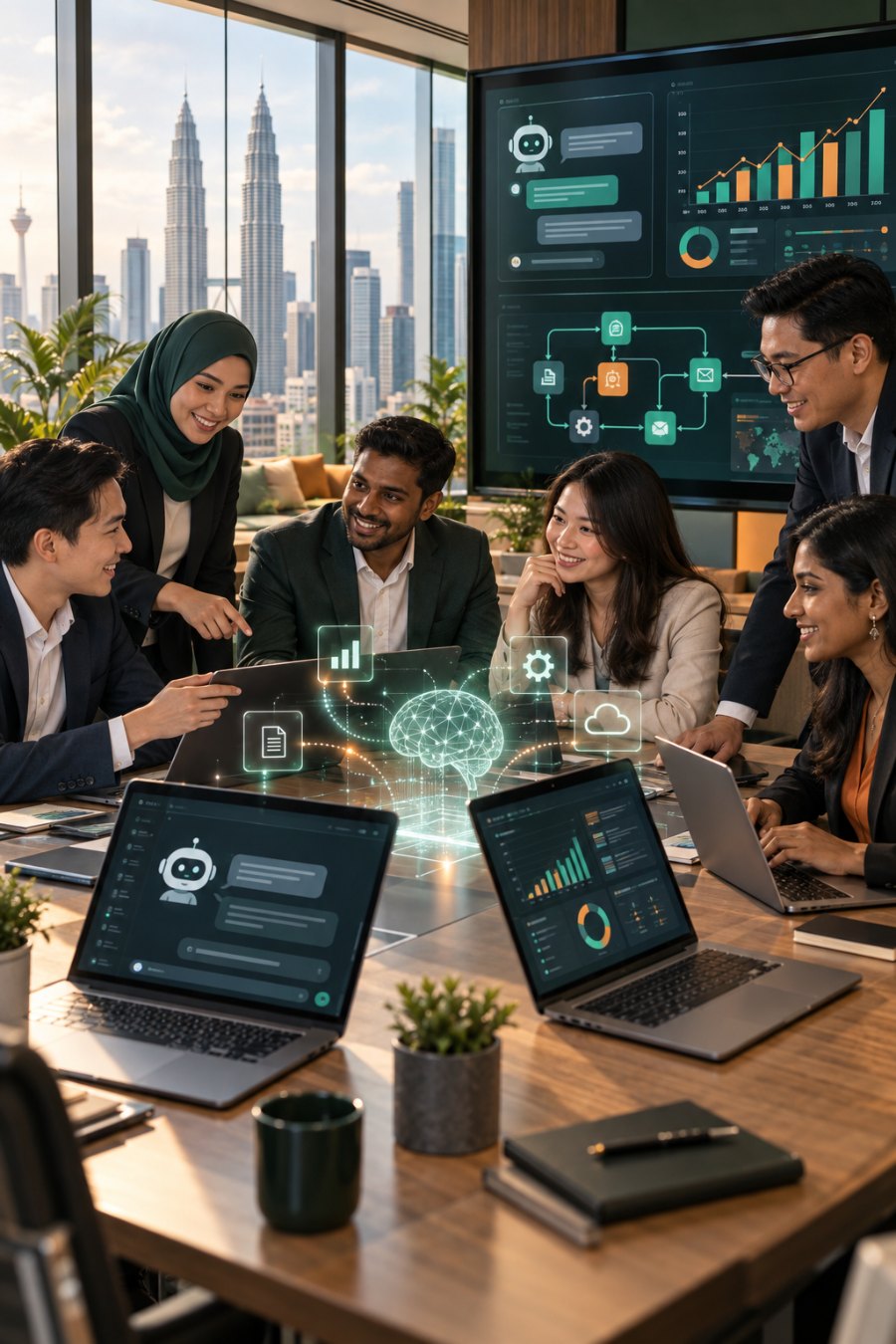 A Malaysian corporate team working hands-on with AI assistants, dashboards and automation workflows