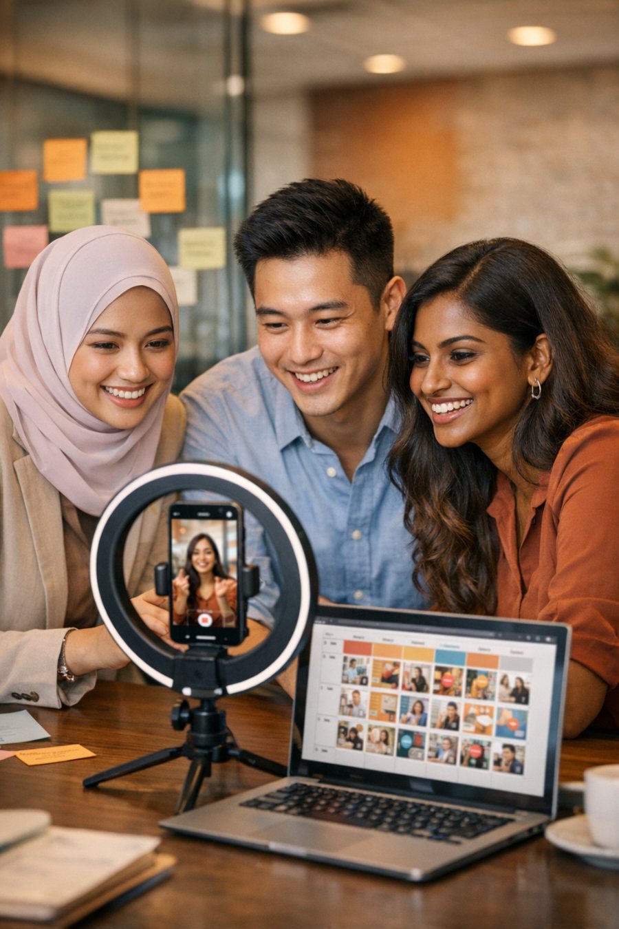 A Malaysian marketing team filming a short-form video and planning a social media content calendar with AI