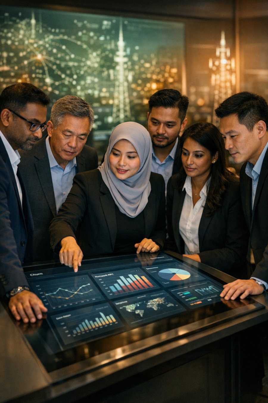 Malaysian telco managers reviewing an AI-generated network and churn dashboard in an operations centre