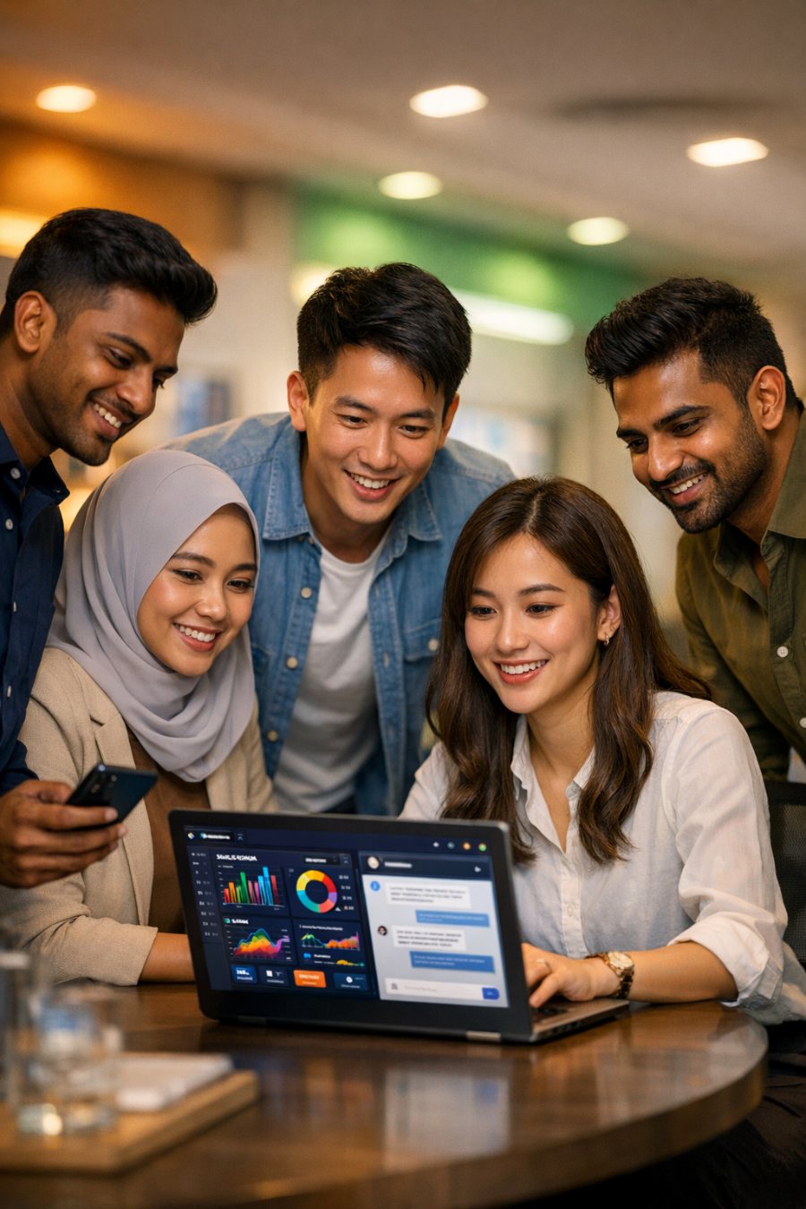 Malaysian telco sales executives reviewing an AI-built sales dashboard and chat assistant on a laptop