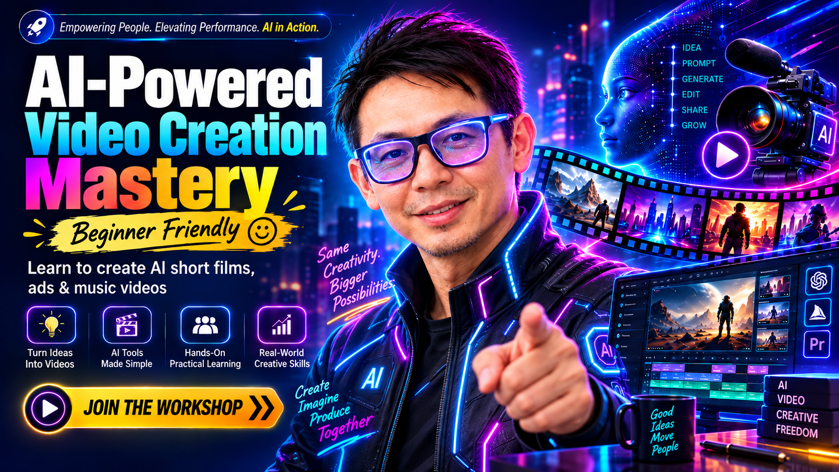 AI-Powered Video Creation Mastery — beginner-friendly 2-day hands-on workshop with coach David Hooi, shown with AI-generated film frames and a video editing timeline.
