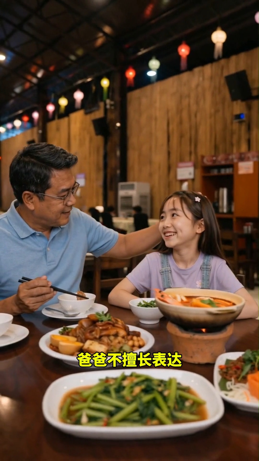 Still from the AI-generated advertisement: a father and daughter sharing a meal at a restaurant table.