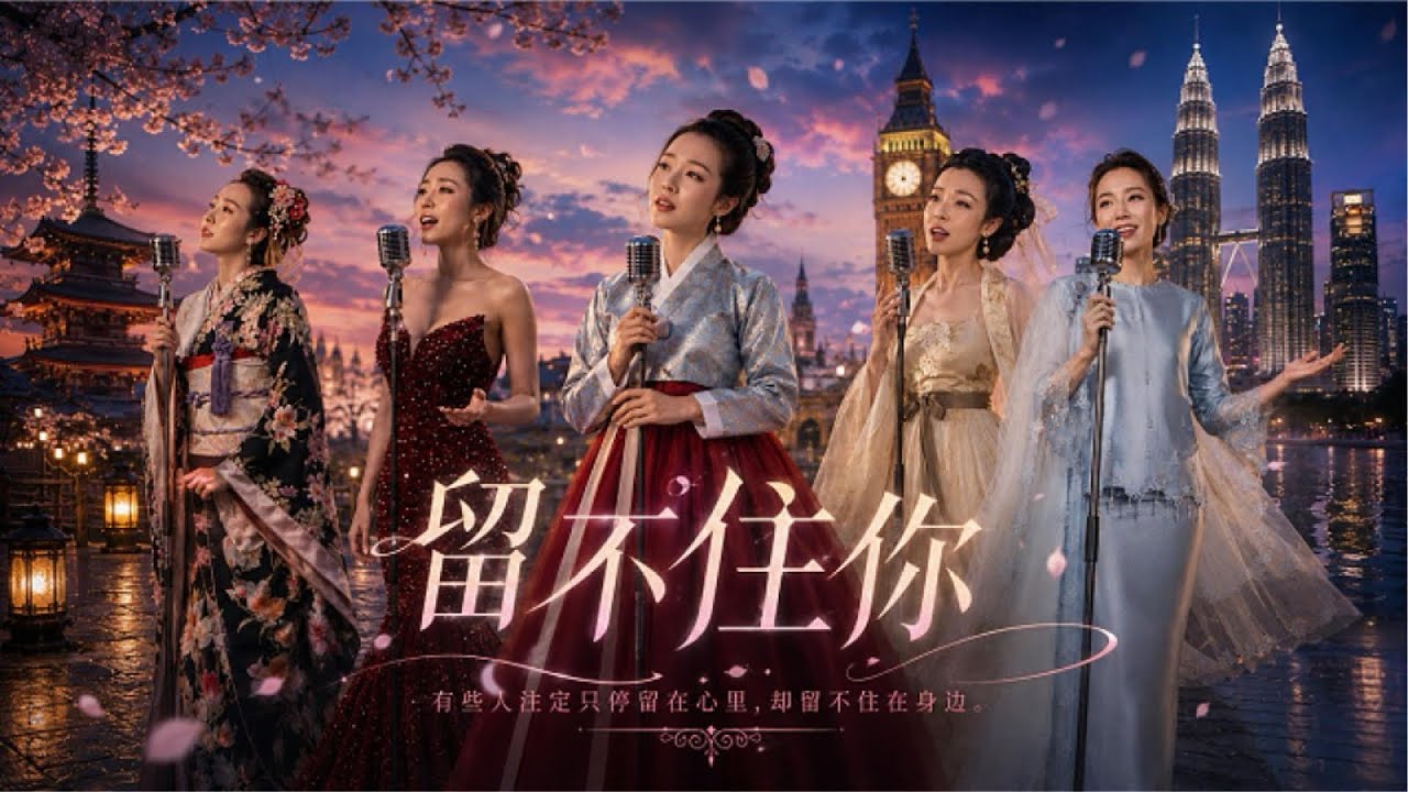 Still from the AI-generated music video: five singers in traditional and modern gowns before a city skyline at dusk.