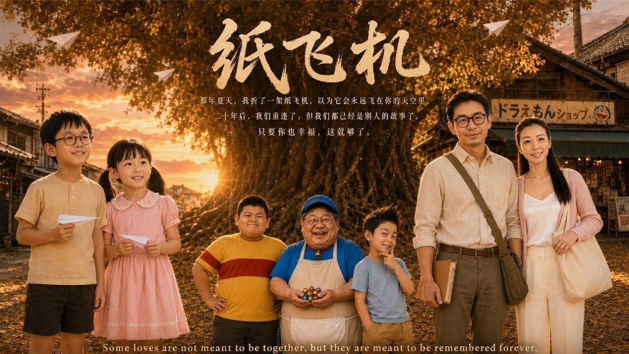 Still from the AI-generated short film: a family and children gathered under a large tree at sunset.