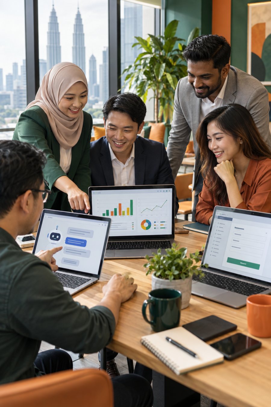 A Malaysian corporate team building an AI assistant, a sales dashboard and a business app on their laptops